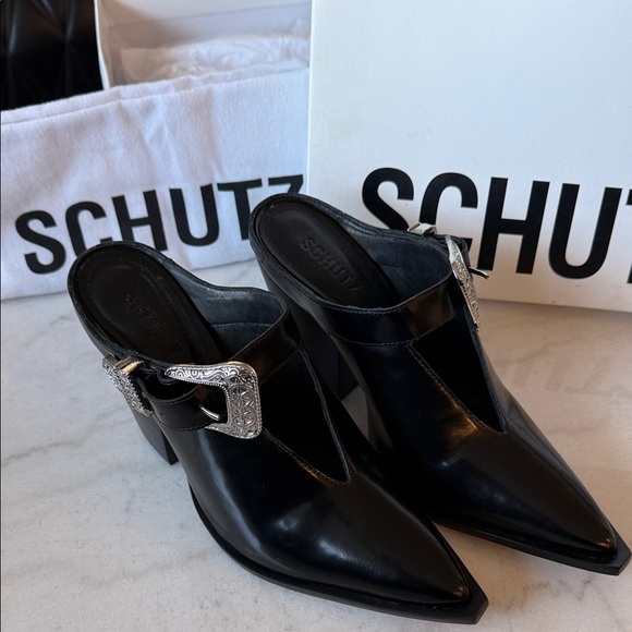 SCHUTZ Black Women's Mules with Silver Buckle - Picture 1 of 3